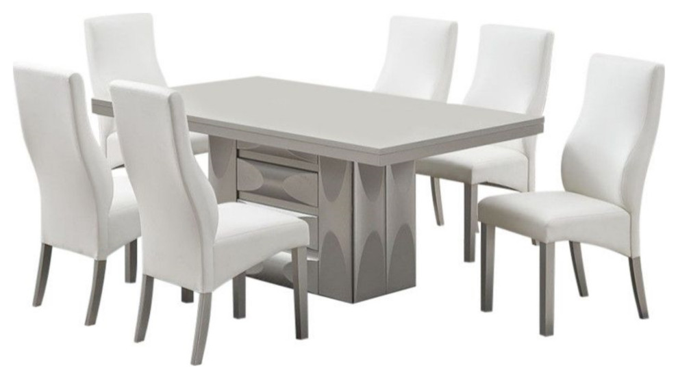 Astra 7 Piece Dining Set, Champagne Wood and White Vinyl, Table, 6 Chairs
