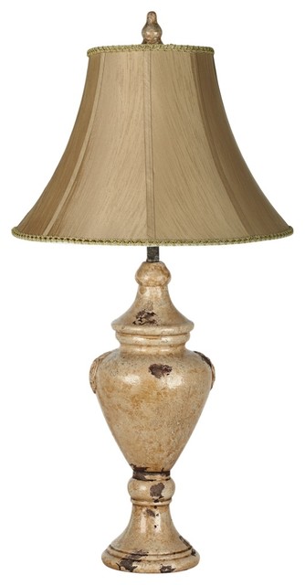 Traditional Earthen Gold Bell Distressed Beige Tuscan Urn Table Lamp