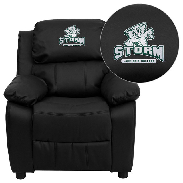 Lake Erie College Storm Embroidered Black Leather Kids Recliner w/ Storage Arms