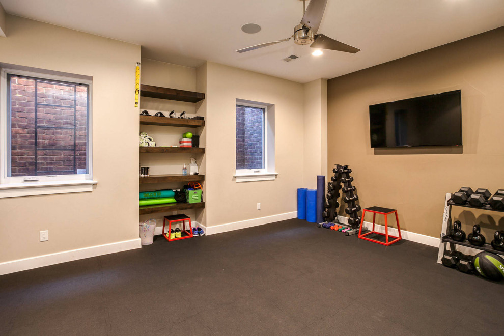 Example of a mid-sized transitional multiuse home gym design in Santa Barbara with beige walls
