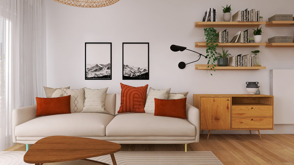 Kleines, Fernseherloses, Abgetrenntes Skandinavisches Wohnzimmer ohne Kamin mit weißer Wandfarbe, hellem Holzboden, braunem Boden und Kassettendecke in Paris
