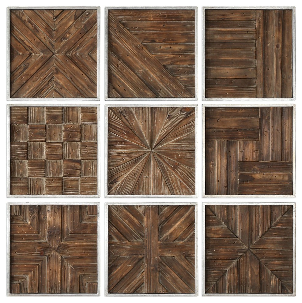 Rustic Wood Panel Wall Art Collage, Set of 9 Square Midcentury Modern