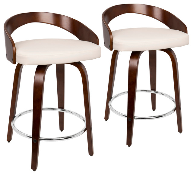 Grotto Counter Stools With Swivels, Set of 2, Cherry Wood, White, Pu, Chrome