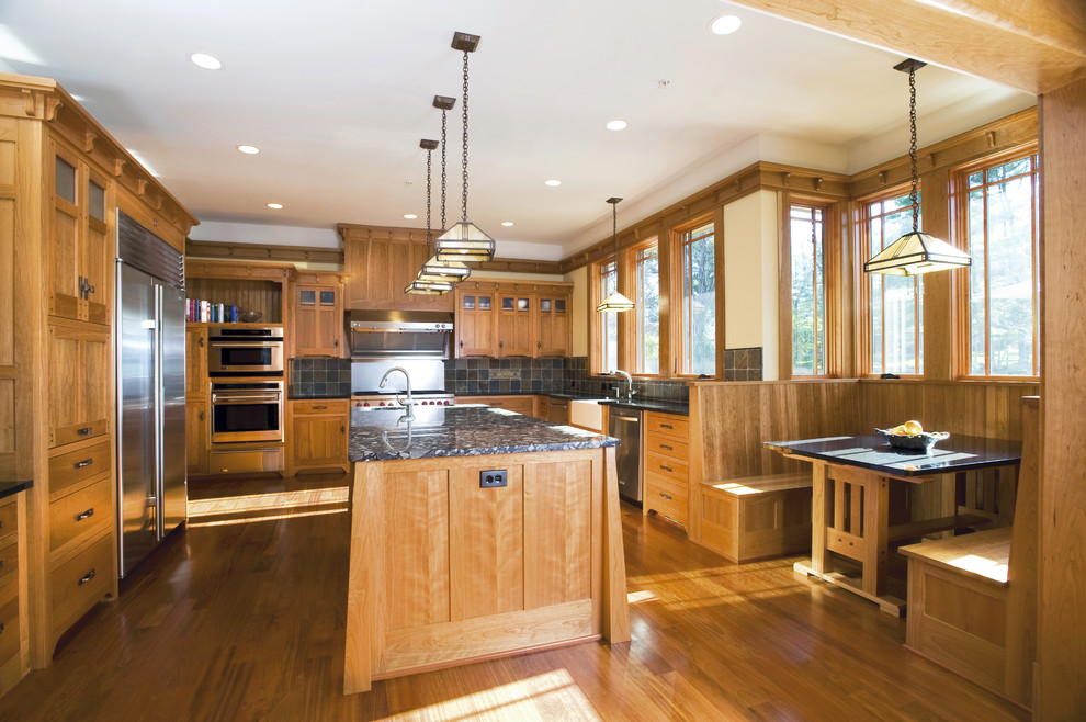 Design ideas for an arts and crafts kitchen in Seattle with stainless steel appliances.