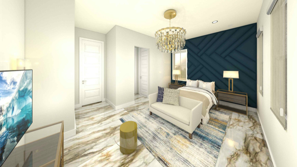 Mittelgroßes Modernes Gästezimmer mit weißer Wandfarbe, Porzellan-Bodenfliesen, buntem Boden und Wandpaneelen in Orange County