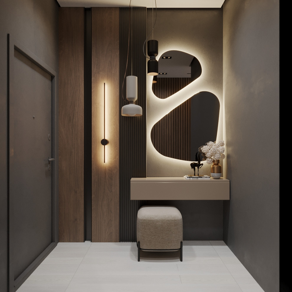 This is an example of a medium sized contemporary hallway in Other with grey walls, vinyl flooring, a single front door, a grey front door, beige floors, panelled walls and feature lighting.