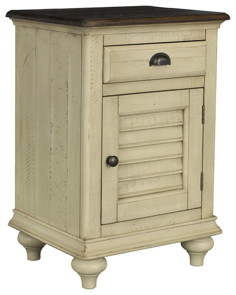 Transitional Side Table, Storage Drawer and Slatted Door, Antique White