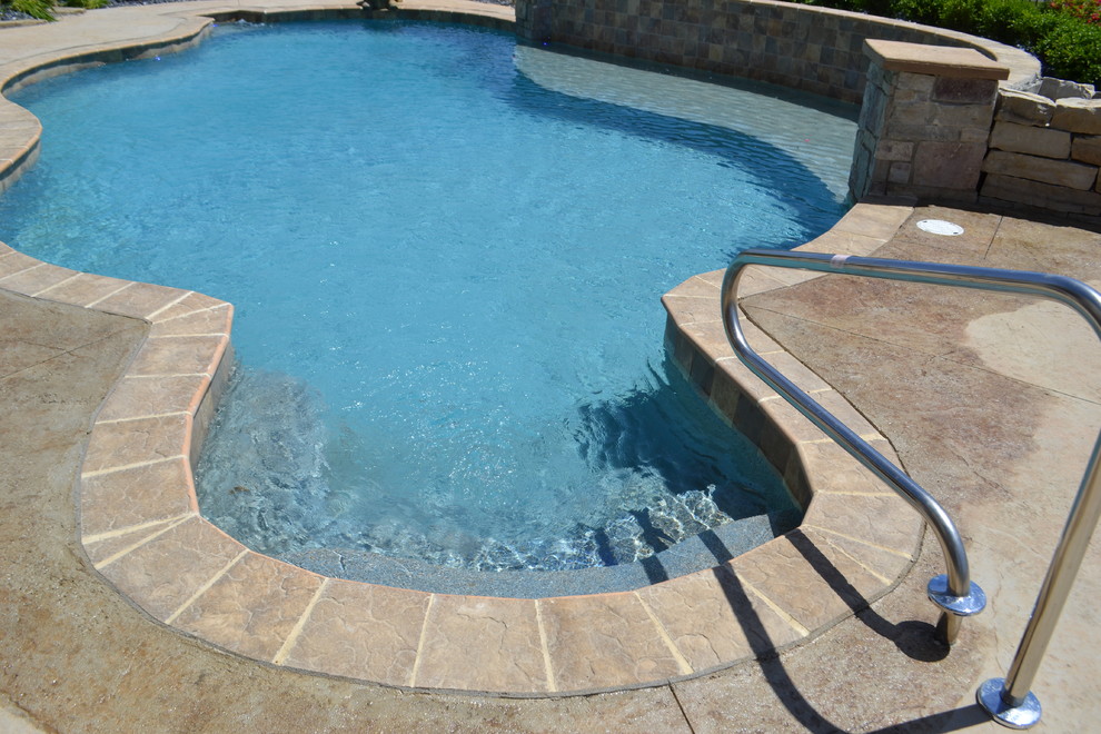 This is an example of a large contemporary backyard custom-shaped pool in Detroit with a water feature.