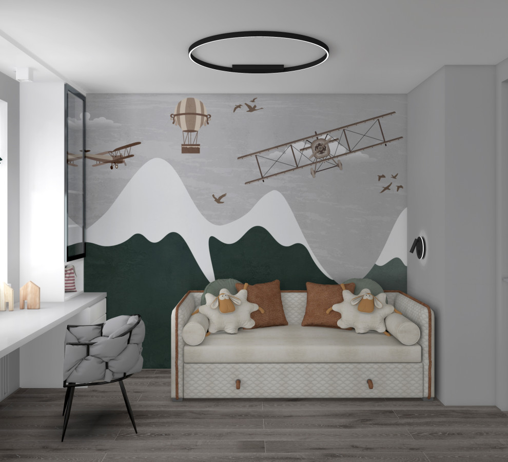 Trendy boy medium tone wood floor and gray floor kids' room photo in Moscow with multicolored walls