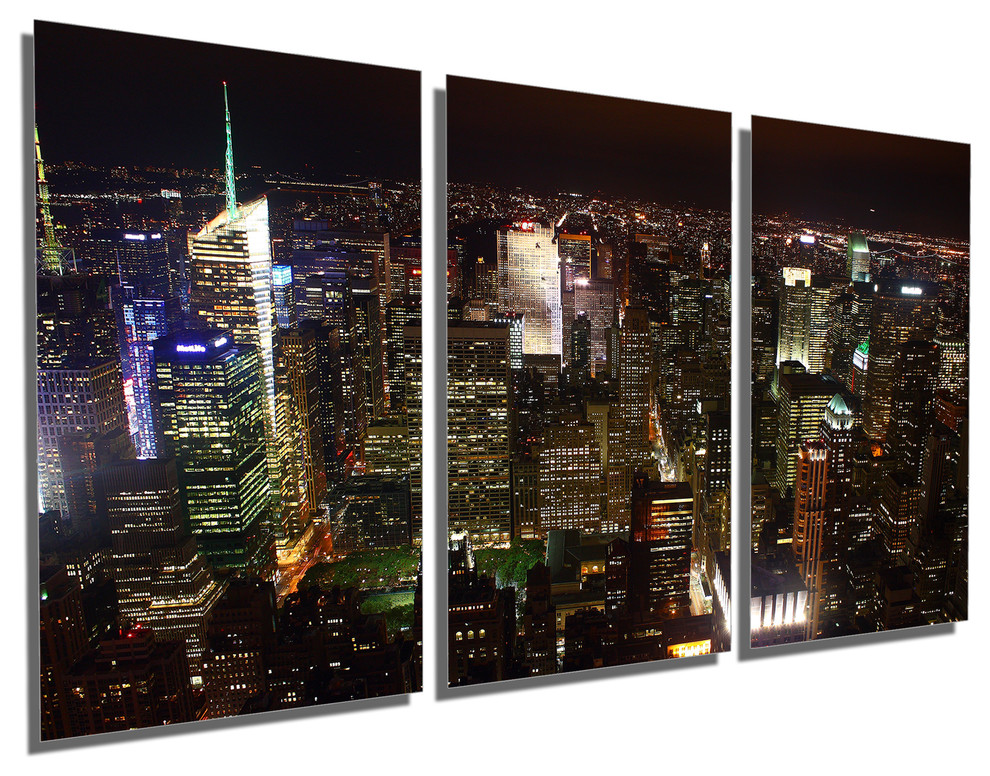 New York City Skyline At Night, Metal Print Wall Art, 3 Panel Split