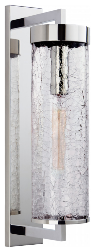 Bracketed Outdoor Wall Sconce, 1-Light Polished Nickel, Crackle Glass, 20"H
