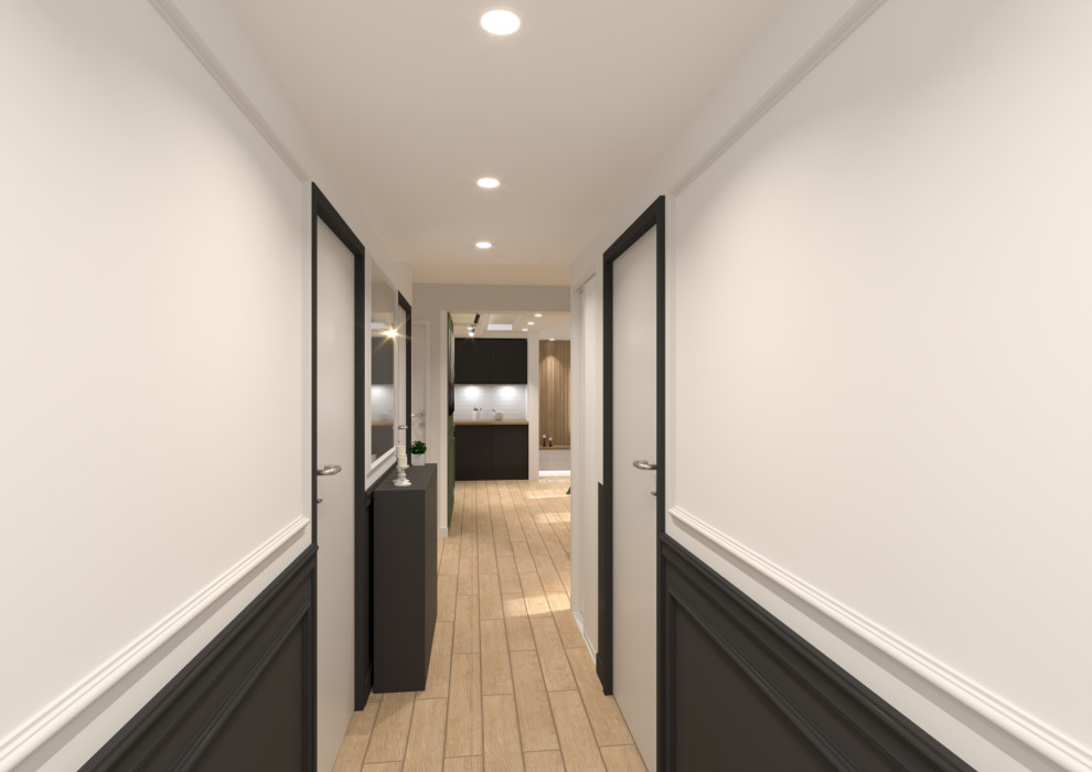 Idée de décoration pour un petit hall d'entrée design avec un sol en bois brun et boiseries.