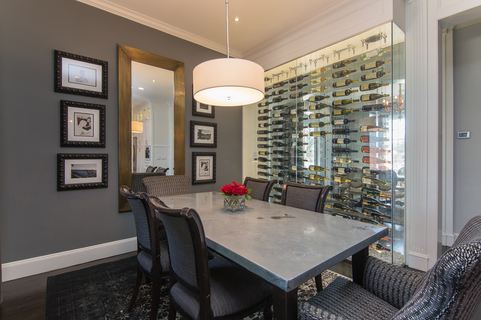 Photo of a mid-sized transitional separate dining room in Dallas with grey walls, dark hardwood floors, no fireplace and brown floor.