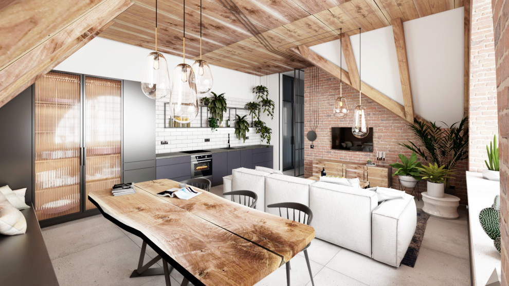 Modern inredning av ett mellanstort grå linjärt grått kök med öppen planlösning, med en nedsänkt diskho, släta luckor, bänkskiva i betong, vitt stänkskydd, stänkskydd i keramik, betonggolv och grått golv