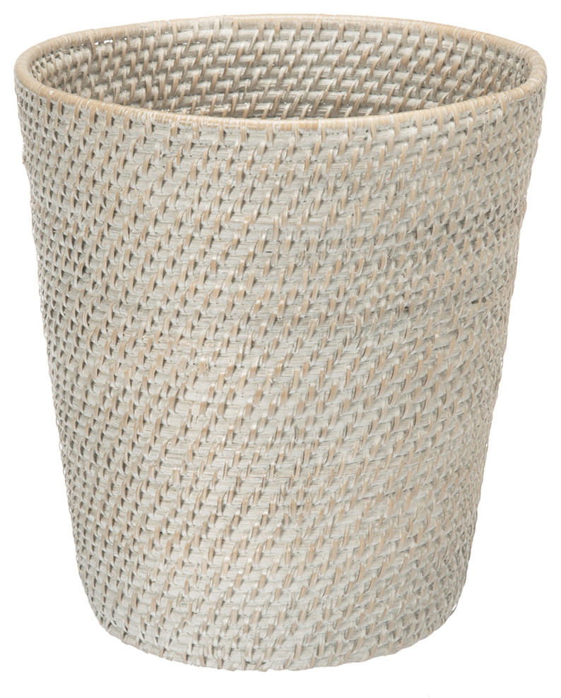Round Rattan Waste Basket, White Wash Tropical Wastebaskets by