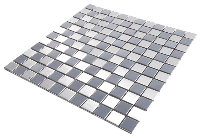 Checker Pattern Mirror And Brushed Mosaic Steel Tile