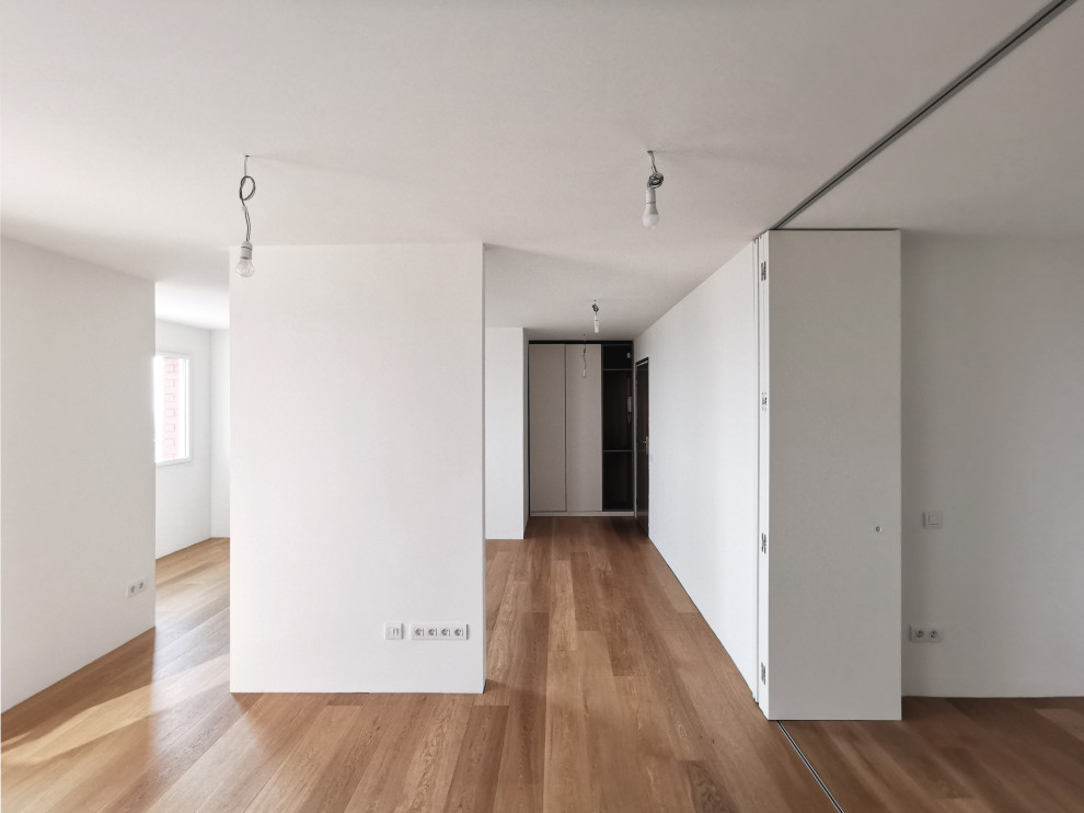 Ispirazione per un soggiorno contemporaneo di medie dimensioni e aperto con pareti bianche e parquet chiaro