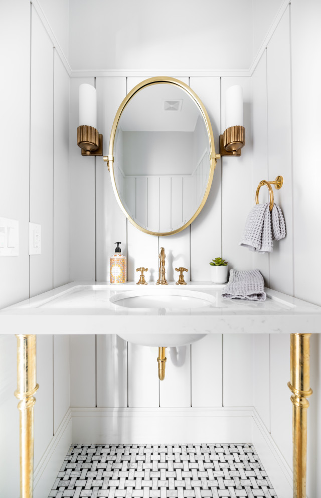 Powder room - small transitional u-shaped white tile and mirror tile brown floor, marble floor and shiplap wall powder room idea in Detroit with a farmhouse sink, soapstone countertops, white backsplash, terra-cotta backsplash, black appliances, an island, black countertops, open cabinets, white cabinets, a one-piece toilet, white walls, an undermount sink, quartz countertops, white countertops and a freestanding vanity