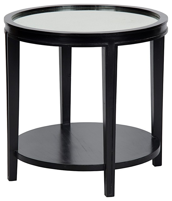 26 Round Set Of Two Side End Table Solid Black Mahogany Wood Antique Mirror Top