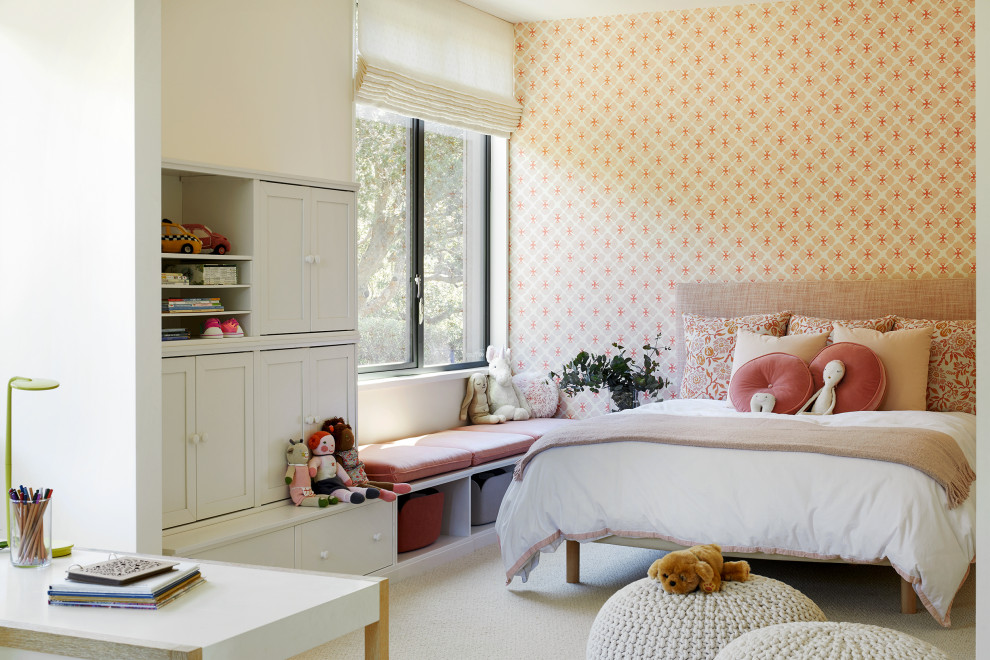 Inspiration for a transitional kids' bedroom for kids 4-10 years old and girls in San Francisco with white walls, carpet, beige floor and wallpaper.