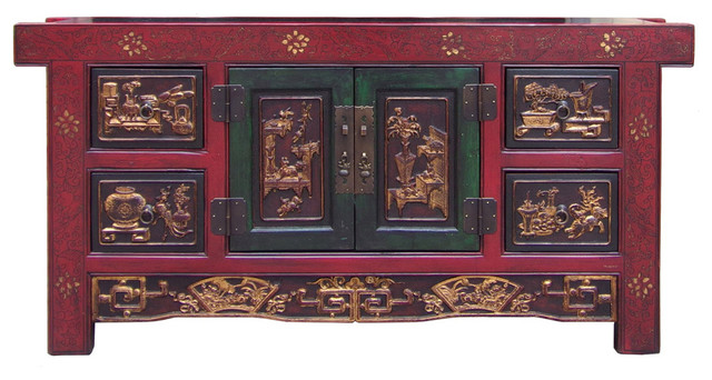 Chinese Carving Panel Rustic Red Low Tv Console Cabinet Hcs1517