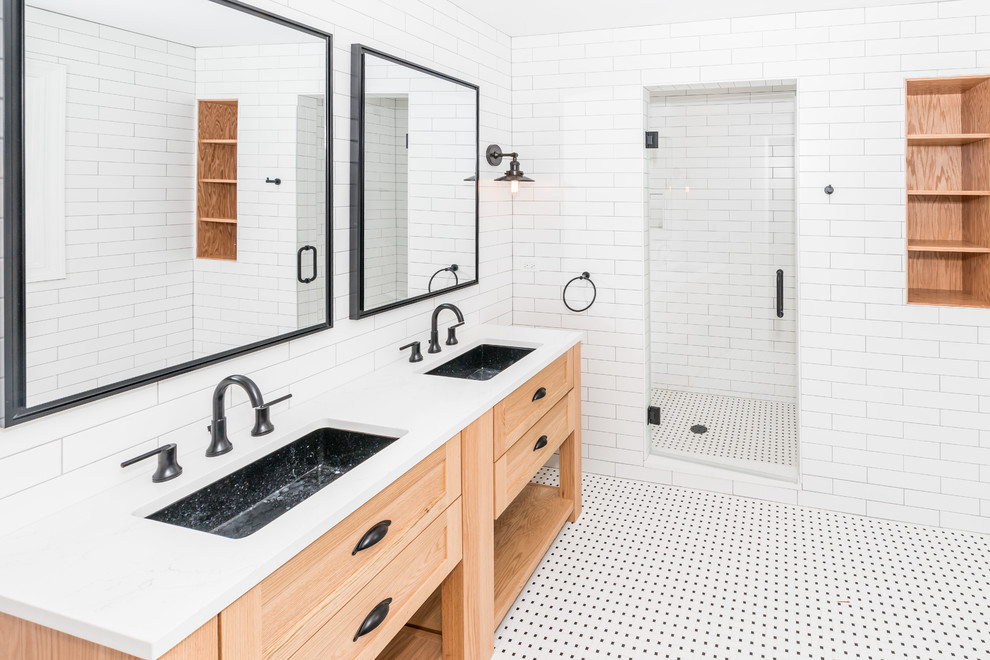 Design ideas for a mid-sized modern master bathroom in Chicago with open cabinets, light wood cabinets, an alcove shower, a one-piece toilet, white tile, subway tile, white walls, a drop-in sink, quartzite benchtops, white floor, a hinged shower door, white benchtops, a double vanity and a freestanding vanity.