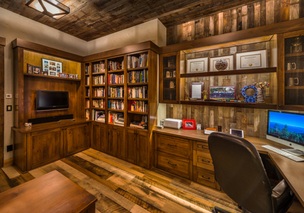 Study room - rustic built-in desk study room idea