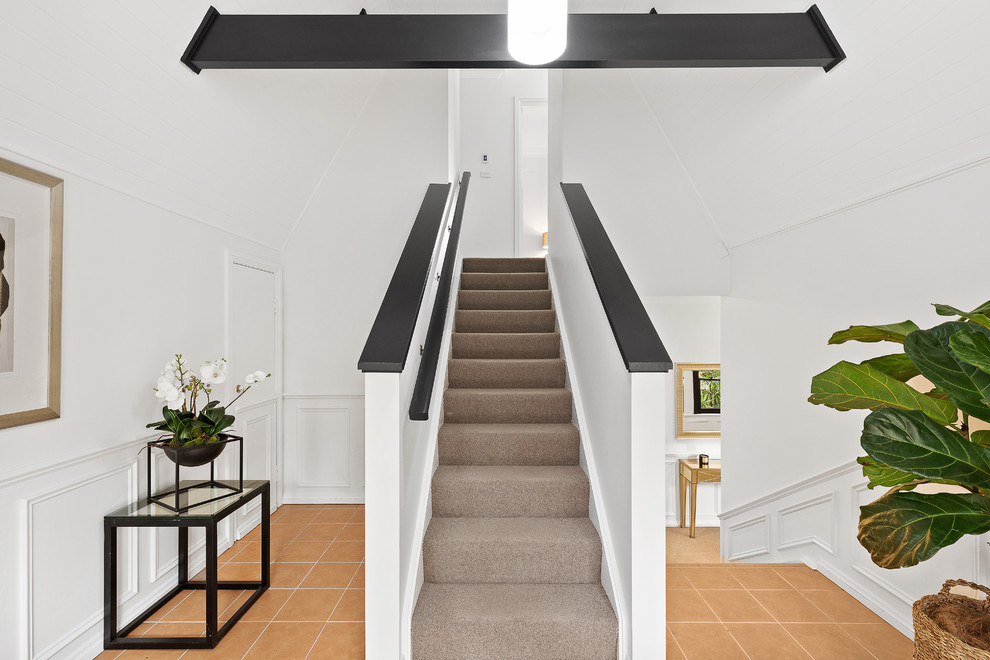Mid-sized transitional carpeted straight staircase in Sydney with carpet risers and wood railing.