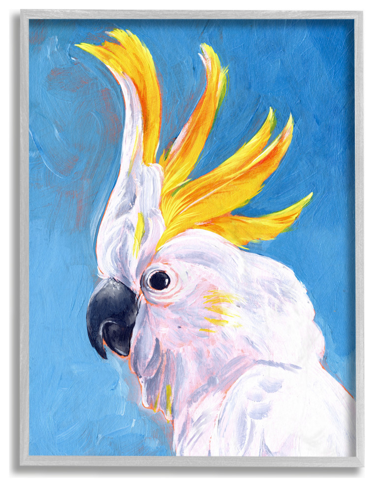 Parrot Mohawk Blue Yellow Animal Bird Painting, 11"x14", Gray Frame