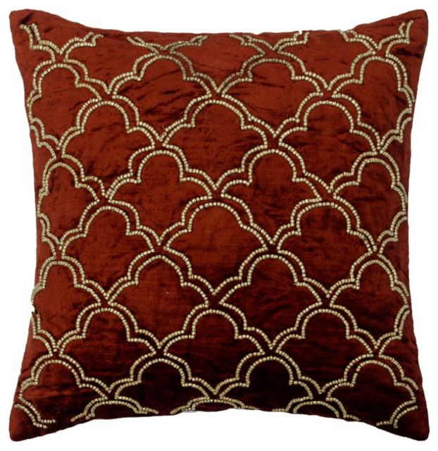 Decorative 20"x20" Beaded Orange Velvet Throw Pillow Cover�For Sofa, Rustic Joy