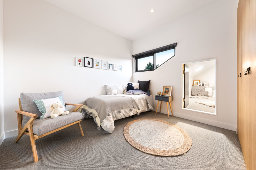 Mid-sized contemporary bedroom in Melbourne with white walls and carpet.