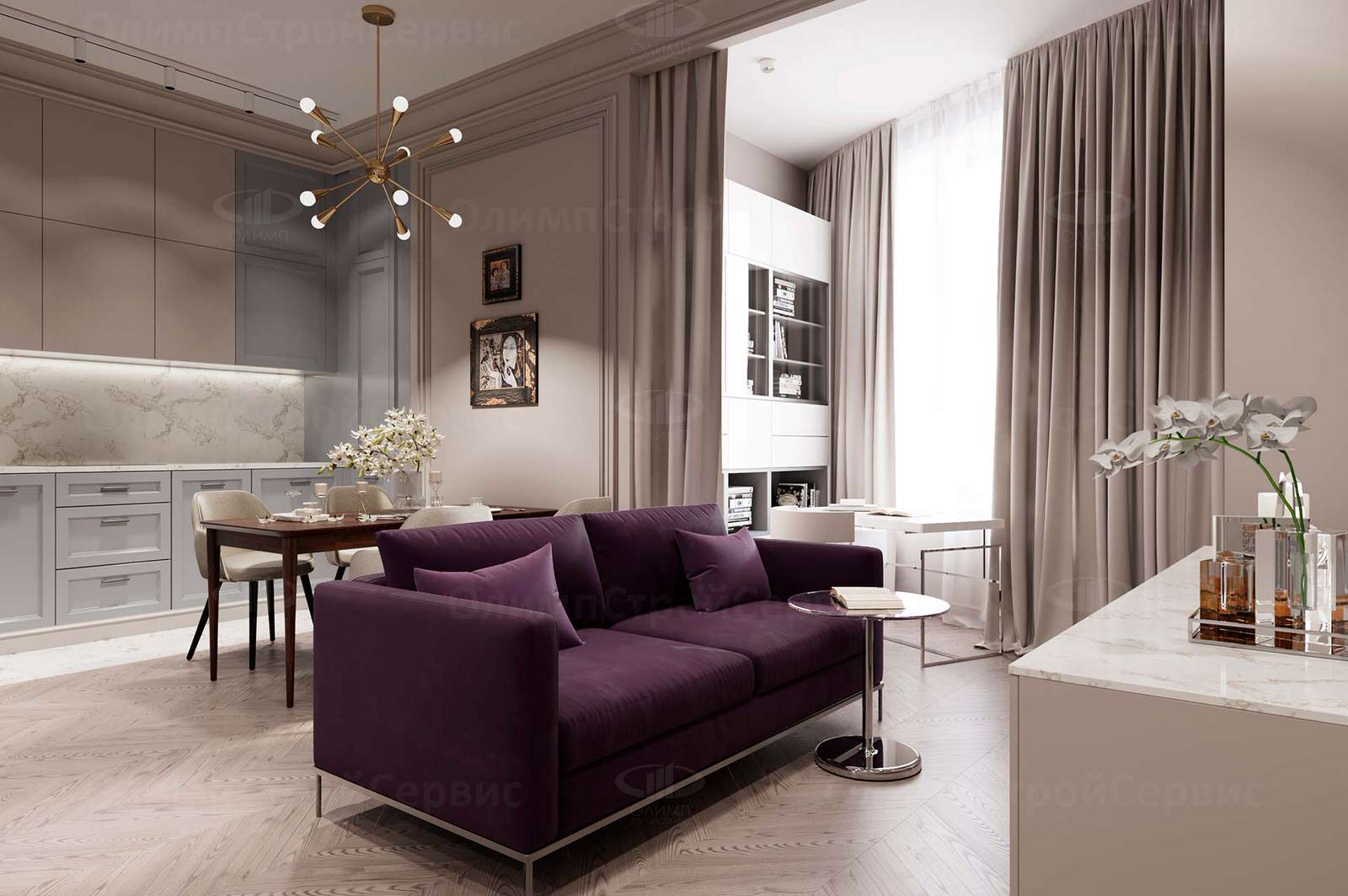 ЖК Врубеля, 4: дизайн интерьера евродвушки 60 кв.м. в стиле «Неоклассика»