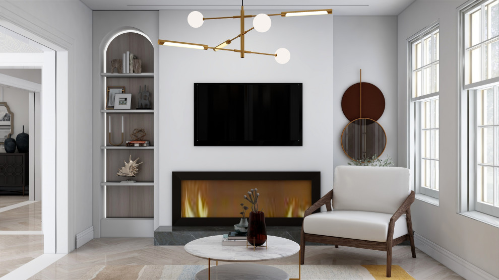 Small midcentury formal enclosed living room in New York with white walls, light hardwood floors, a standard fireplace, a plaster fireplace surround, a wall-mounted tv, beige floor and recessed.
