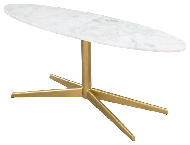 Modern Coffee Table, Gold Painted Base With Oval White Marble Top