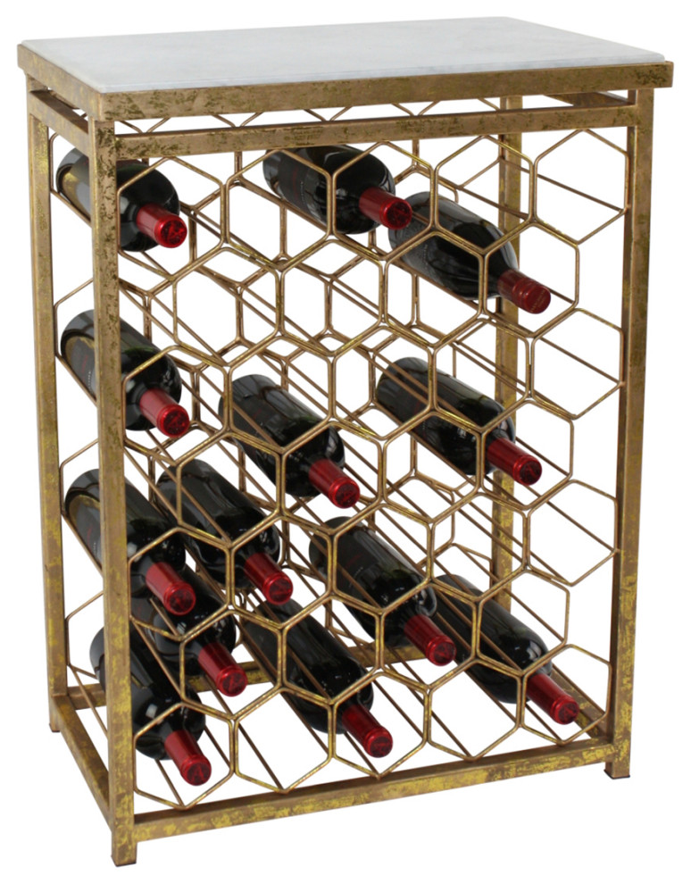 Luxe Gold Metal White Marble Wine Table Storage Rack 32 Bottle Bar