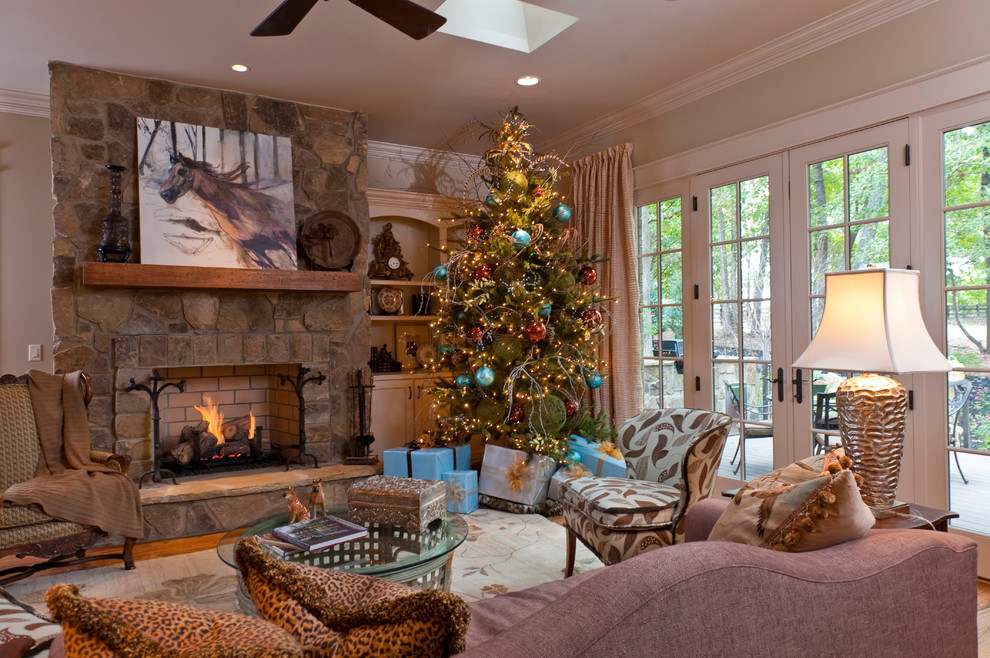 Traditional living room in Other with beige walls and a standard fireplace.