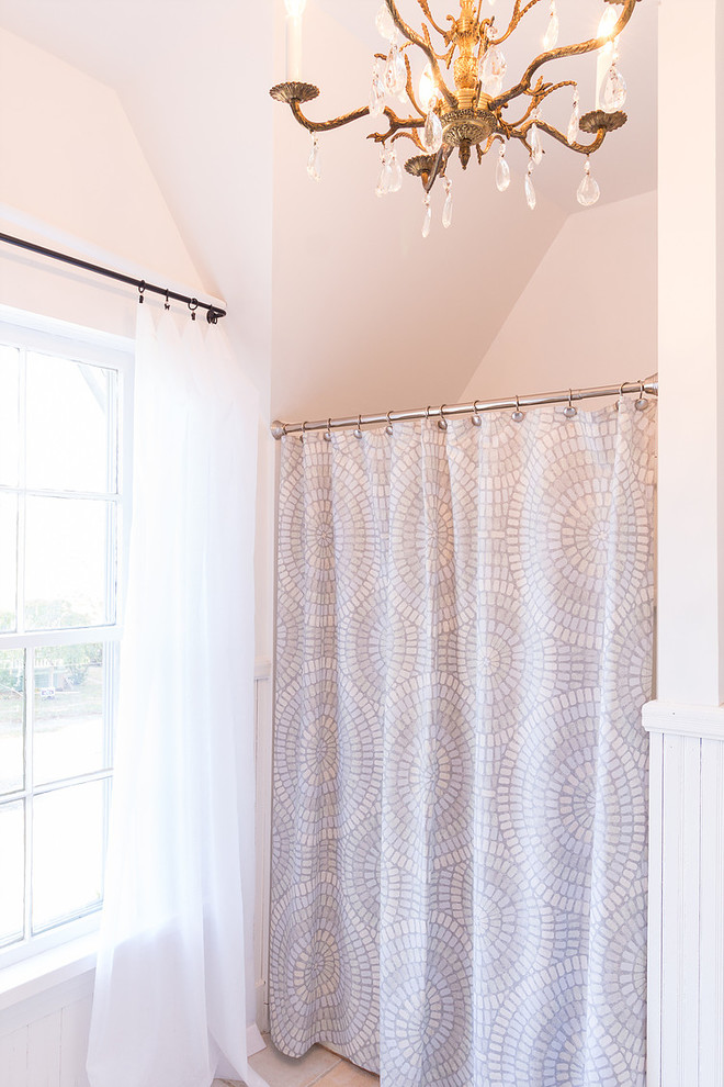 Mid-sized cottage master porcelain tile and gray floor alcove shower photo with a two-piece toilet, white walls and a pedestal sink