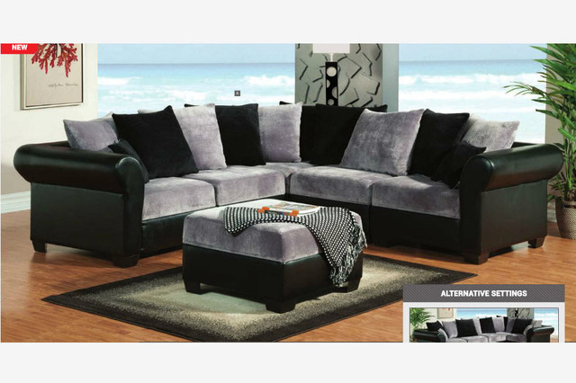 F Gray Black Champion Fabric Leather Sectional Sofa Ottoman Pillow Back