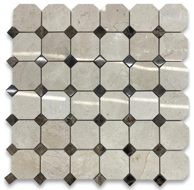 Crema Marfil Marble 2 inch Octagon Mosaic Tile Emperador Dots Polished, 1 sheet