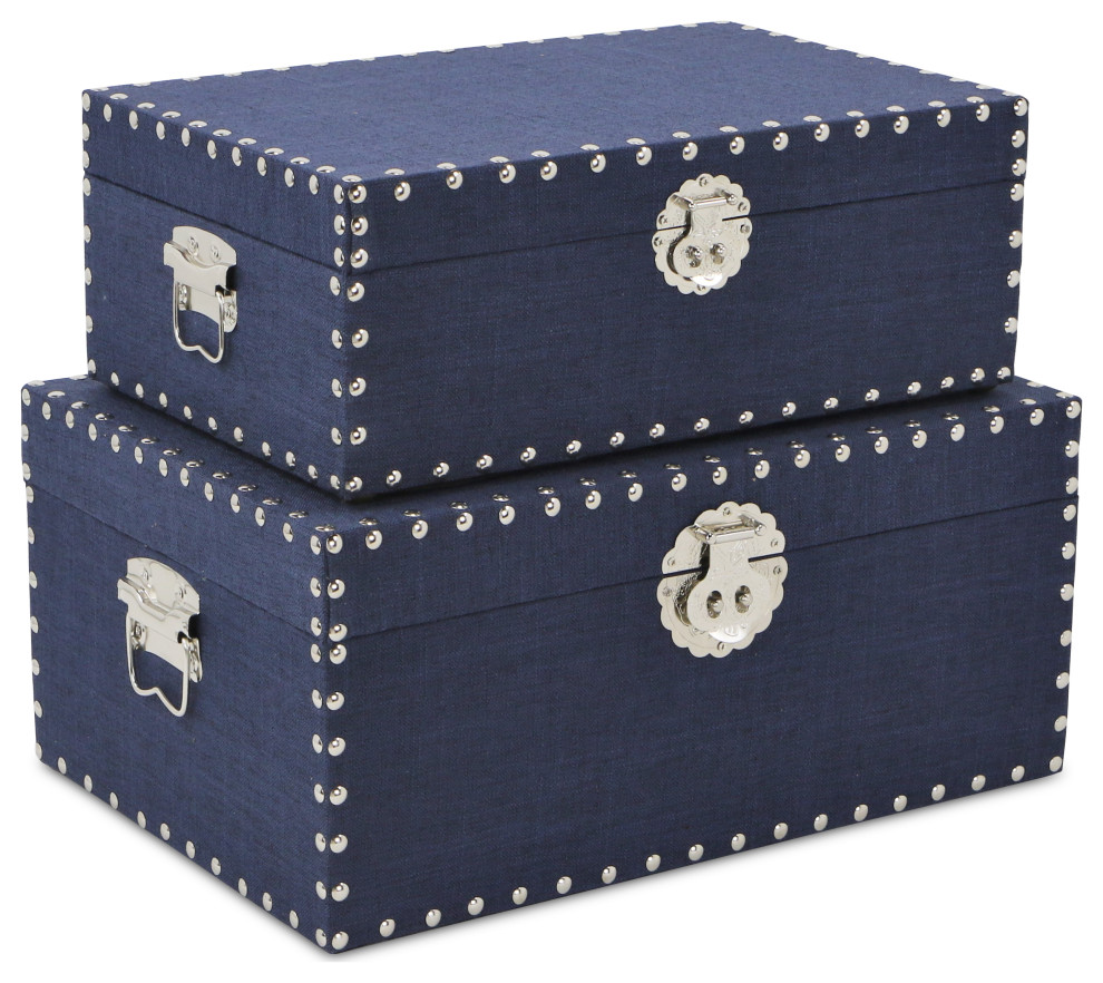 Linen Studded Keepsake Boxes, Navy, Set of 2 Contemporary Jewelry
