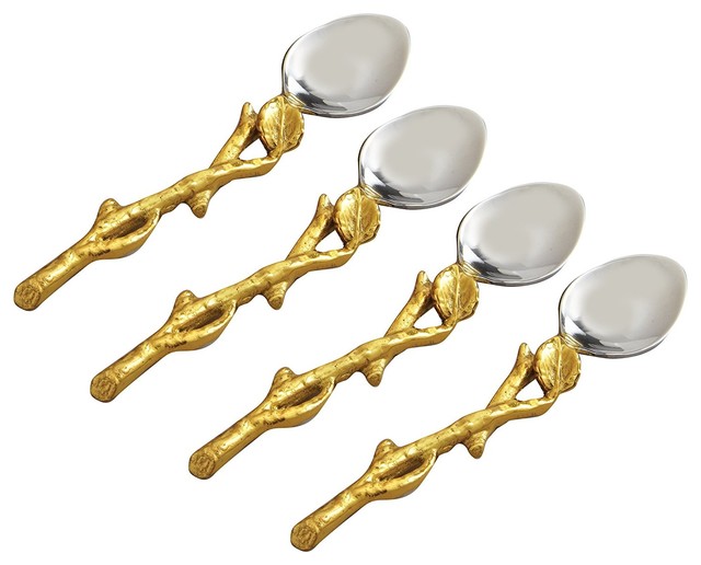 Elegance Gilt Leaf Spoons, Gold Finish Leaf/Hammered Steel, Set of 4