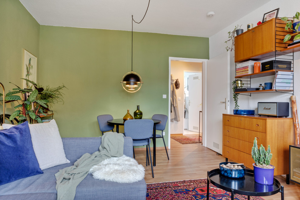 Mid-Century Wohnzimmer mit grüner Wandfarbe in Nürnberg