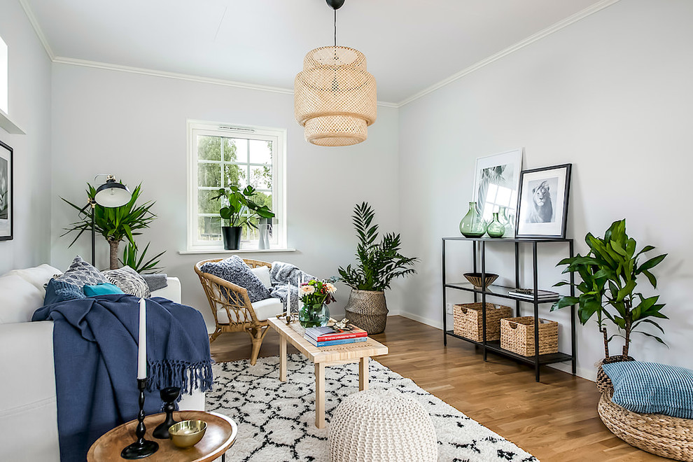 Idéer för ett skandinaviskt avskilt allrum, med vita väggar, mellanmörkt trägolv och brunt golv