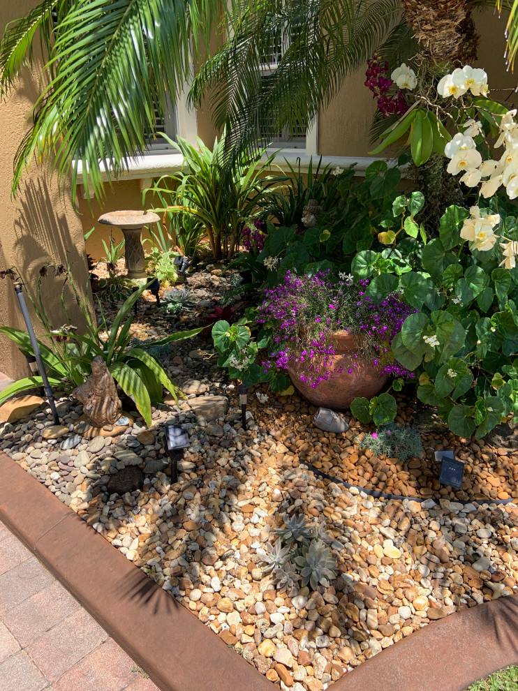 Ispirazione per un giardino xeriscape tropicale esposto in pieno sole davanti casa con sassi di fiume