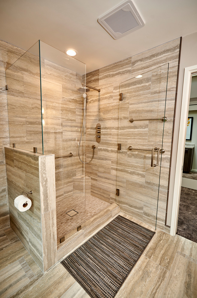 Mid-sized transitional master bathroom in Denver with recessed-panel cabinets, beige cabinets, an open shower, beige tile, limestone, beige walls, limestone floors, an undermount sink, quartzite benchtops, beige floor and a hinged shower door.