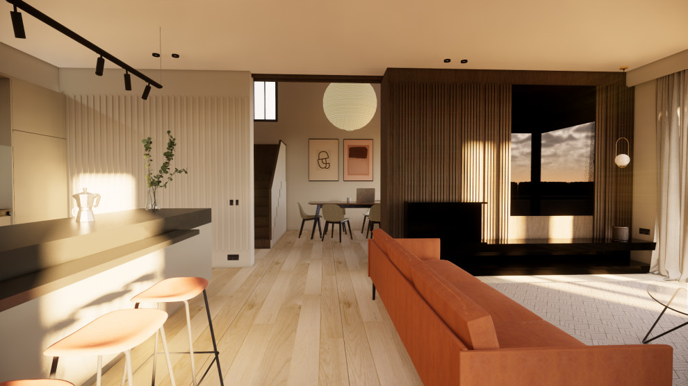 Example of a mid-sized trendy open concept medium tone wood floor, brown floor, wallpaper ceiling and wood wall family room design in Barcelona with a bar, brown walls, a corner fireplace, a metal fireplace and a media wall