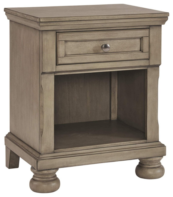 Classic Nightstand, Bun Feet With Open Shelf and Storage Drawer, Light Gray Traditional