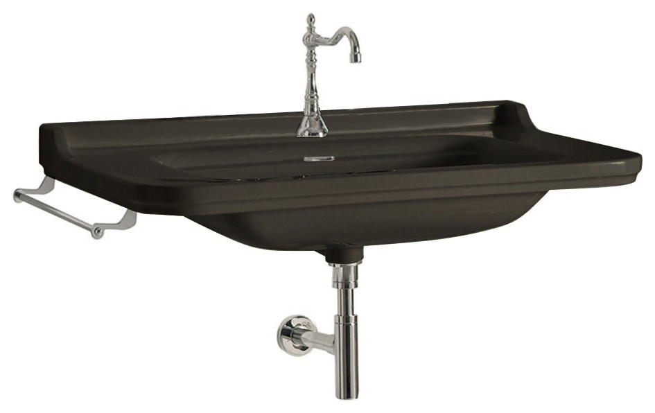 Waldorf 4142 Wall Mount Bathroom Sink, Glossy Black With One Faucet Hole