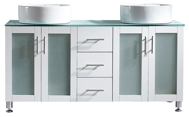 Tuscany 60" White Double Vanity With Vessel Sink, Without Mirror