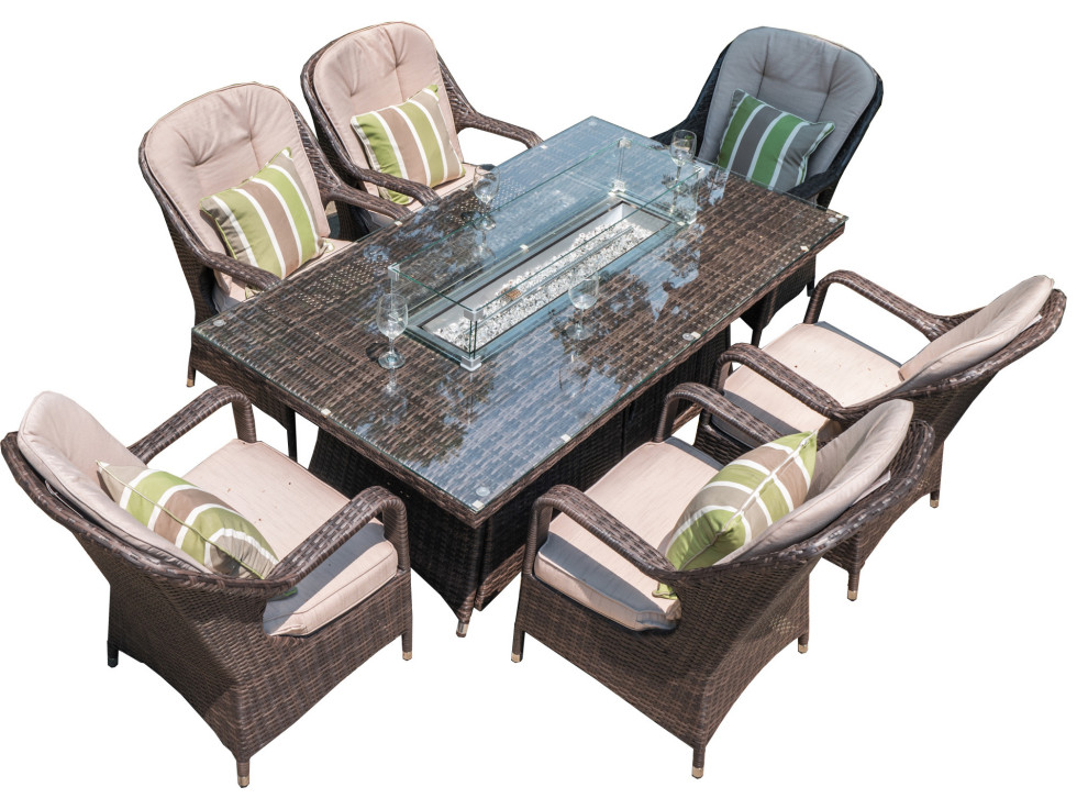 Direct Wicker 6 Seat Rectangular Fire Pit Dining Table With Eton Chair Tropical Outdoor